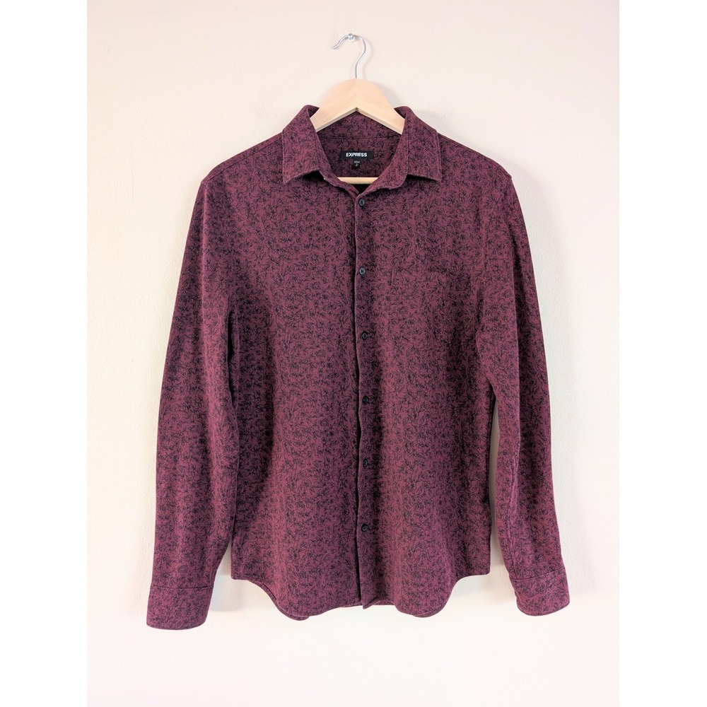 Express Mens S Burgundy Floral Button Down Moody Dress Shirt Evening Smart
